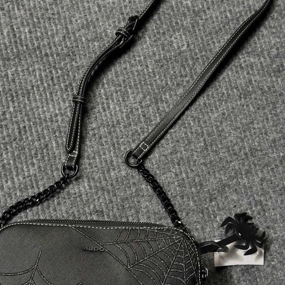 Aldo Black Silver Spider Web Purse Crossbody Bag Spider Charm Halloween Goth NEW